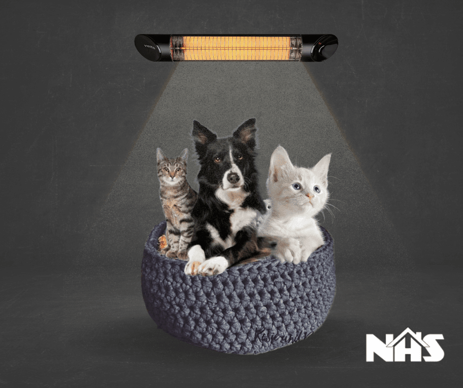 A graphic image of pets in a crochet bed and infrared heaters.