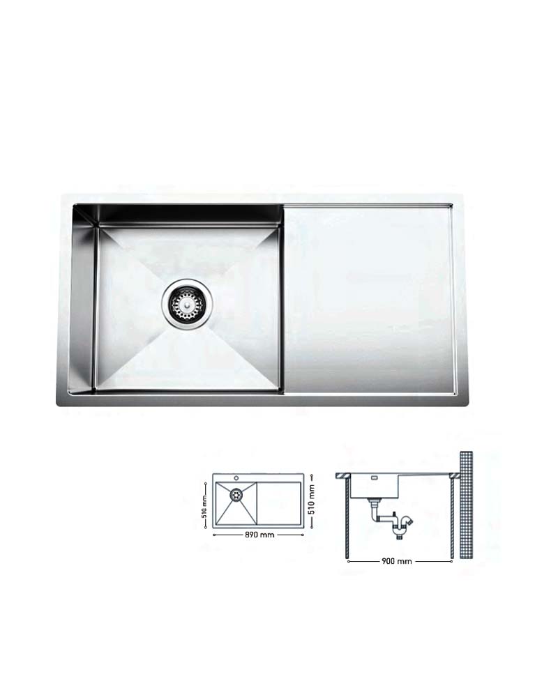 H010 HANDMADE SERIES SINGLE BOWL KITCHEN SINK WITH INTEGRATED DRAINBOARD 890x510mm