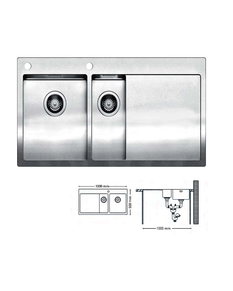H011 HANDMADE SERIES 1,5 DOUBLE BOWL KITCHEN SINK WITH INTEGRATED 1000x500mm