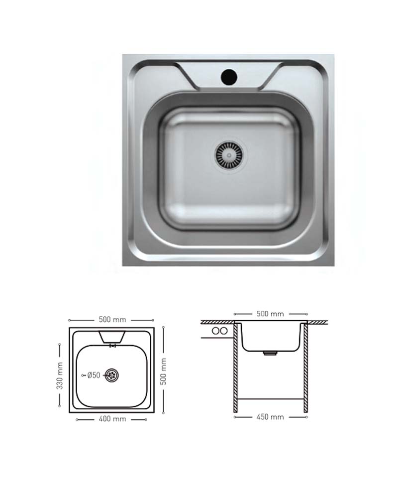 L002 TOP MOUNT SERIES SINGLE BOWL KITCHEN SINK 500x500mm