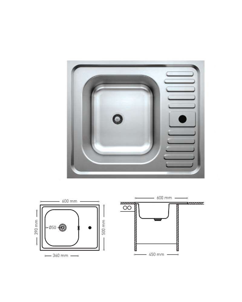 L003 TOP MOUNT SERIES SINGLE BOWL KITCHEN SINK WITH INTEGRATED DRAINBOARD 500x600mm