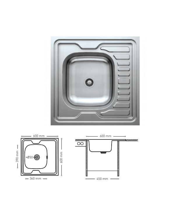 L004 TOP MOUNT SERIES SINGLE BOWL KITCHEN SINK WITH INTEGRATED DRAINBOARD 600x600mm