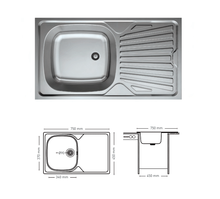 L005 TOP MOUNT SERIES SINGLE BOWL KITCHEN SINK WITH INTEGRATED DRAINBOARD 450x750mm
