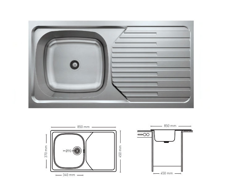 L006 TOP MOUNT SERIES SINGLE BOWL KITCHEN SINK WITH INTEGRATED DRAINBOARD 850x450mm
