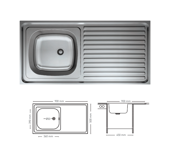 L011 TOP MOUNT SERIES SINGLE BOWL KITCHEN SINK WITH INTEGRATED DRAINBOARD 500x900mm