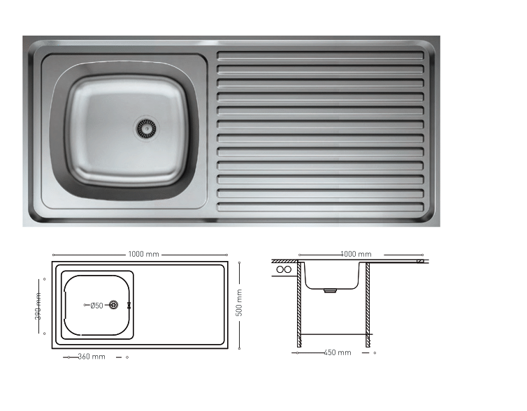 L012 TOP MOUNT SERIES SINGLE BOWL KITCHEN SINK WITH INTEGRATED DRAINBOARD 500x1000mm