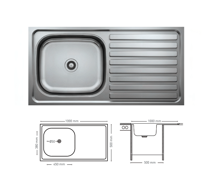 L013 TOP MOUNT SERIES SINGLE BOWL KITCHEN SINK WITH INTEGRATED DRAINBOARD 500x1000mm
