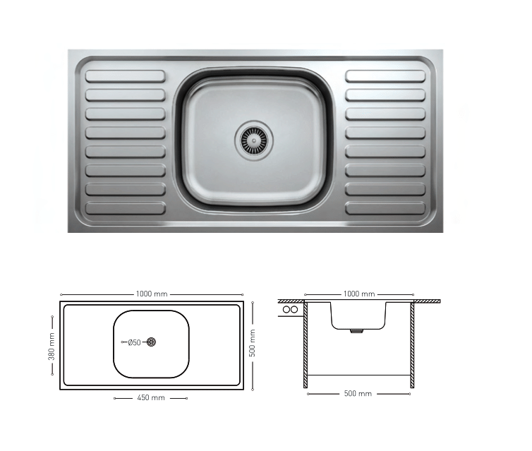 L014 TOP MOUNT SERIES SINGLE BOWL KITCHEN SINK WITH DOUBLE FLANKED INTEGRATED DRAINBOARDS 500x1000mm