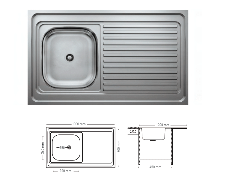 L015 TOP MOUNT SERIES SINGLE BOWL KITCHEN SINK WITH INTEGRATED DRAINBOARD 600x1000mm