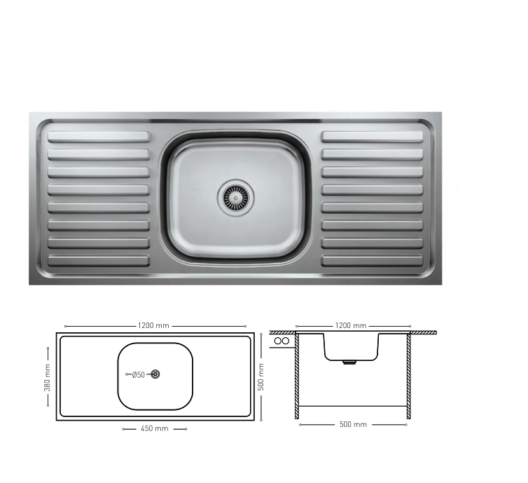 L016 TOP MOUNT SERIES SINGLE BOWL KITCHEN SINK WITH DOUBLE FLANKED INTEGRATED DRAINBOARDS 500x1200mm