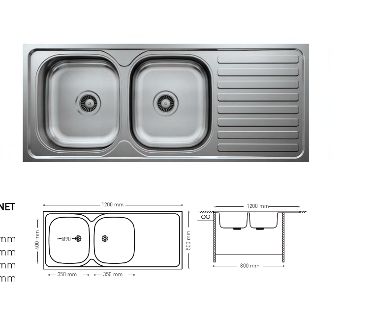 L017 TOP MOUNT SERIES DOUBLE BOWL KITCHEN SINK WITH INTEGRATED DRAINBOARDS 500x1200mm