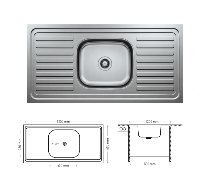 L018 TOP MOUNT SERIES SINGLE BOWL KITCHEN SINK WITH DOUBLE FLANKED INTEGRATED DRAINBOARDS 600x1200mm