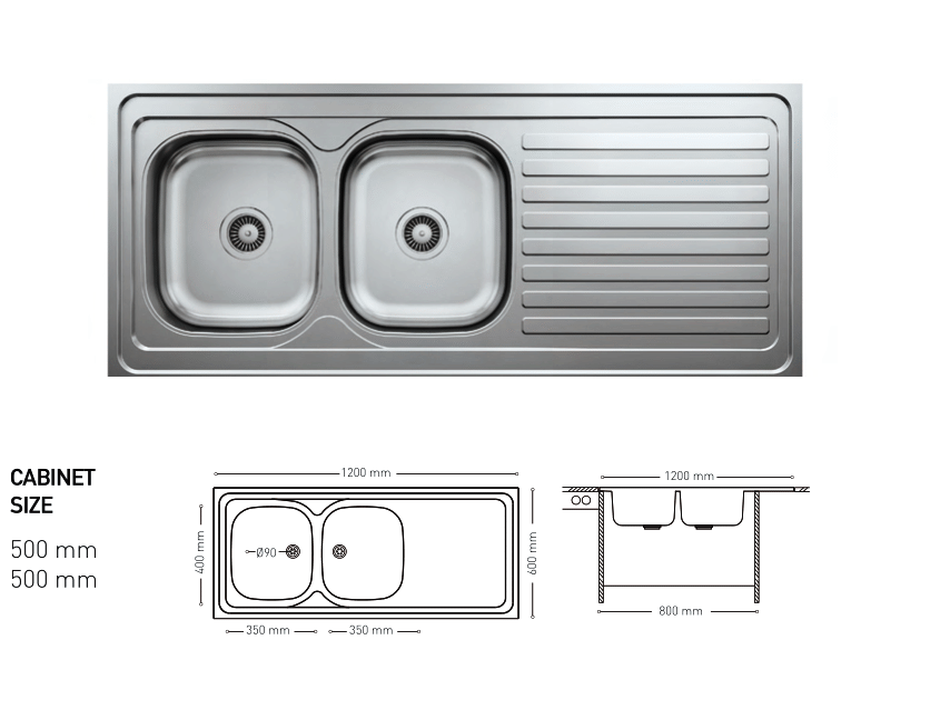 L019 TOP MOUNT SERIES DOUBLE BOWL KITCHEN SINK WITH INTEGRATED DRAINBOARD 600x1200mm