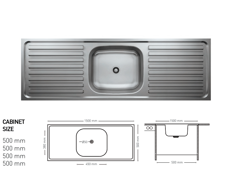 L020 TOP MOUNT SERIES SINGLE BOWL KITCHEN SINK WITH DOUBLE FLANKED INTEGRATED DRAINBOARDS 500x1500mm