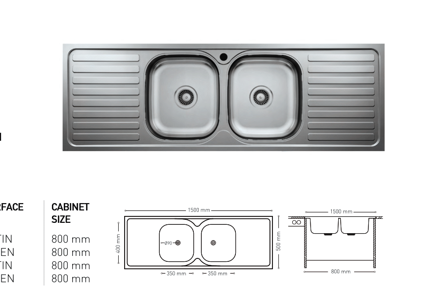 L021 TOP MOUNT SERIES DOUBLE BOWL KITCHEN SINK WITH DOUBLE FLANKED INTEGRATED DRAINBOARDS 500x1500mm