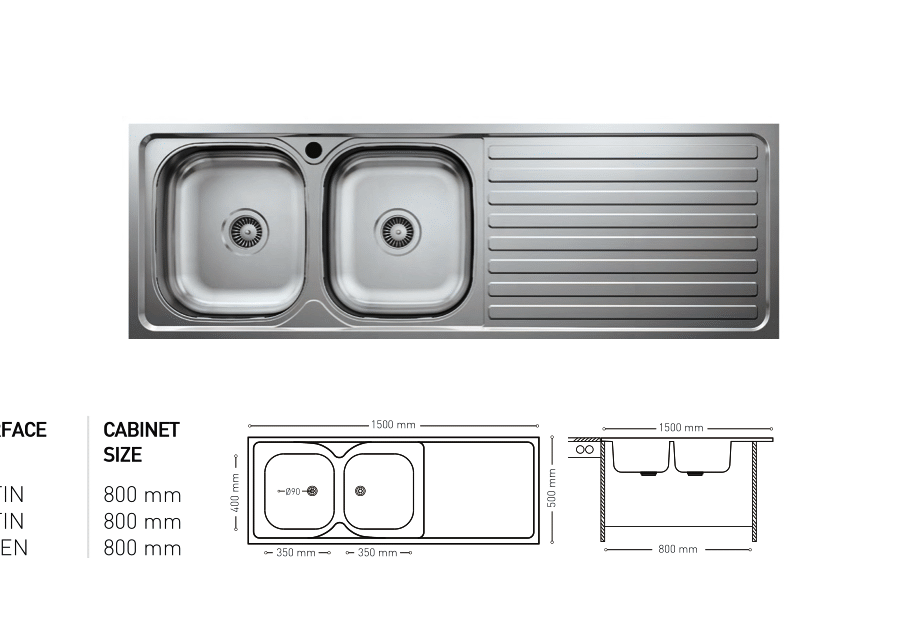 L022 TOP MOUNT SERIES DOUBLE BOWL KITCHEN SINK WITH INTEGRATED DRAINBOARD 500x1500mm