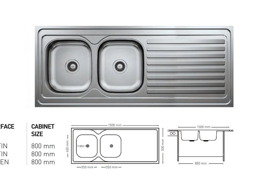 L023 TOP MOUNT SERIES DOUBLE BOWL KITCHEN SINK WITH INTEGRATED DRAINBOARD 500x1500mm