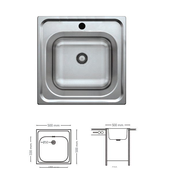 N004 INSET SERIES STAINLESS STEEL SINK 500x500mm
