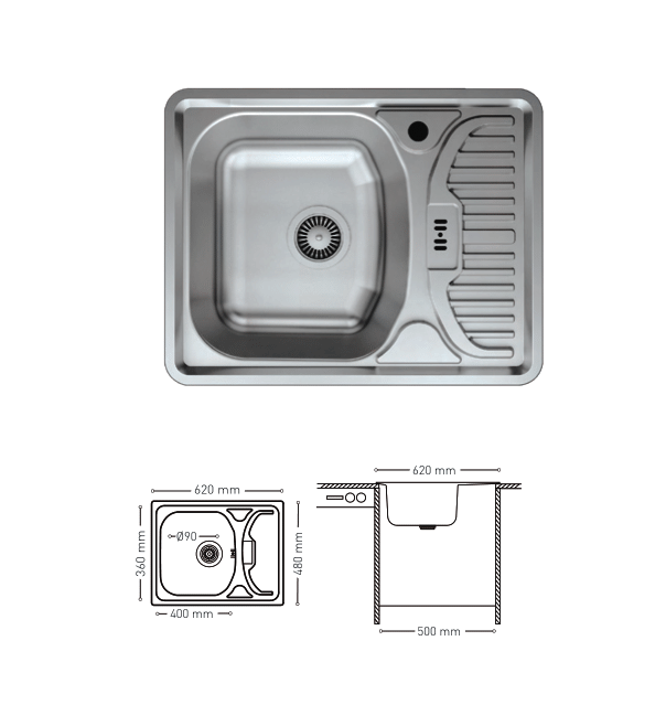 N005 INSET SERIES STAINLESS STEEL SINK WITH INTEGRATED DRAINBOARD 480x620mm