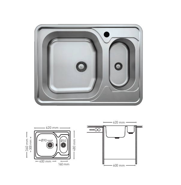 N006 INSET SERIES 1,5 DOUBLE STAINLESS STEEL SINK 480X620mm