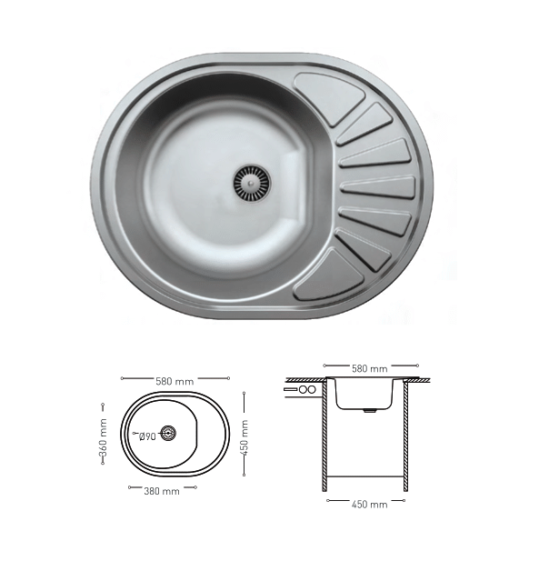N007 INSET SERIES OVAL STAINLESS STEEL SINK WITH INTEGRATED DRAINBOARD 450x580mm