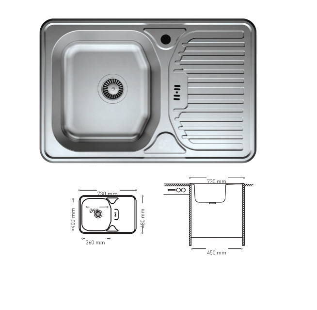 N008 INSET SERIES SINGLE STAINLESS STEEL SINK WITH INTEGRATED DRAINBOARD 480x730mm