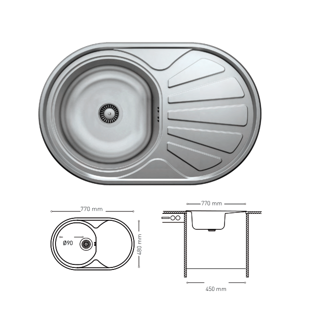 N009 INSET SERIES OVAL STAINLESS STEEL SINK WITH INTEGRATED DRAINBOARD 480x770mm