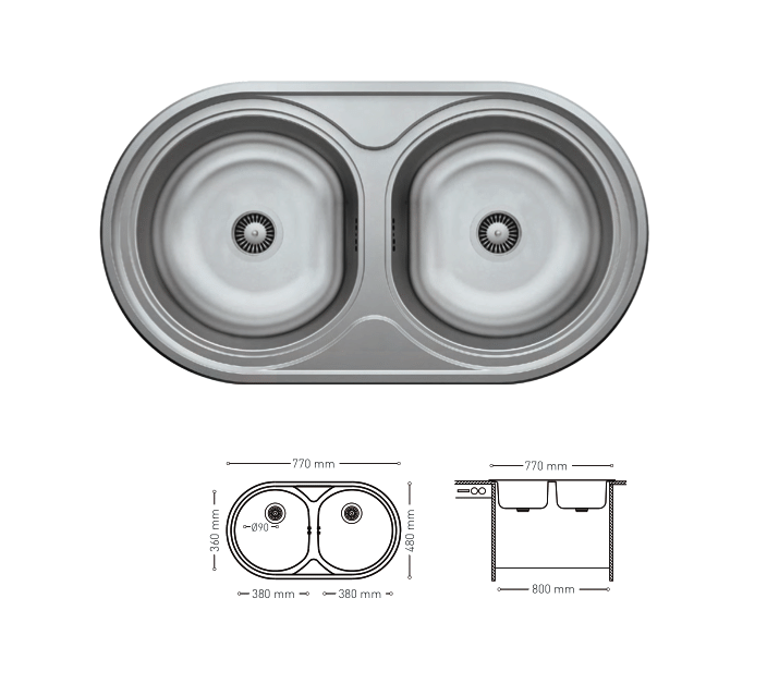 N010 INSET SERIES DOUBLE STAINLESS STEEL SINK 480x770mm