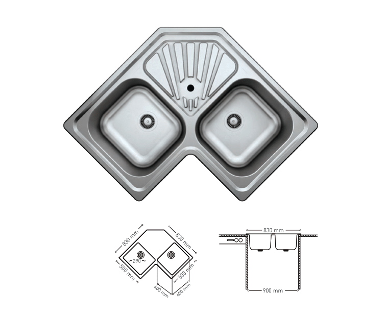 N012 INSET SERIES V-SHAPED DOUBLE STAINLESS STEEL SINK WITH INTEGRATED DRAINBOARD