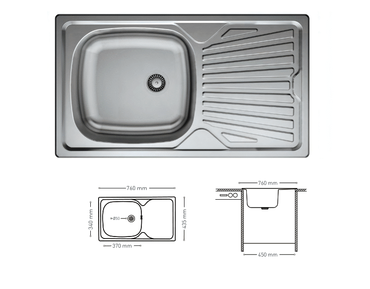 N013 INSET SERIES SINGLE STAINLESS STEEL SINK WITH INTEGRATED DRAINBOARD 435x760mm