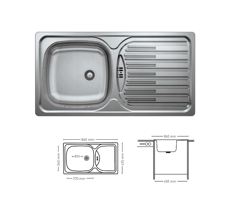 N014 INSET SERIES SINGLE STAINLESS STEEL SINK WITH INTEGRATED DRAINBOARD 435x860mm
