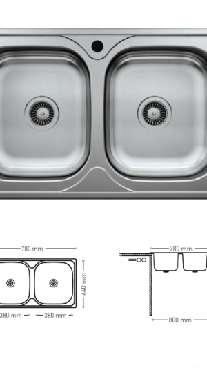 N015 INSET SERIES DOUBLE STAINLESS STEEL SINK 440x780mm