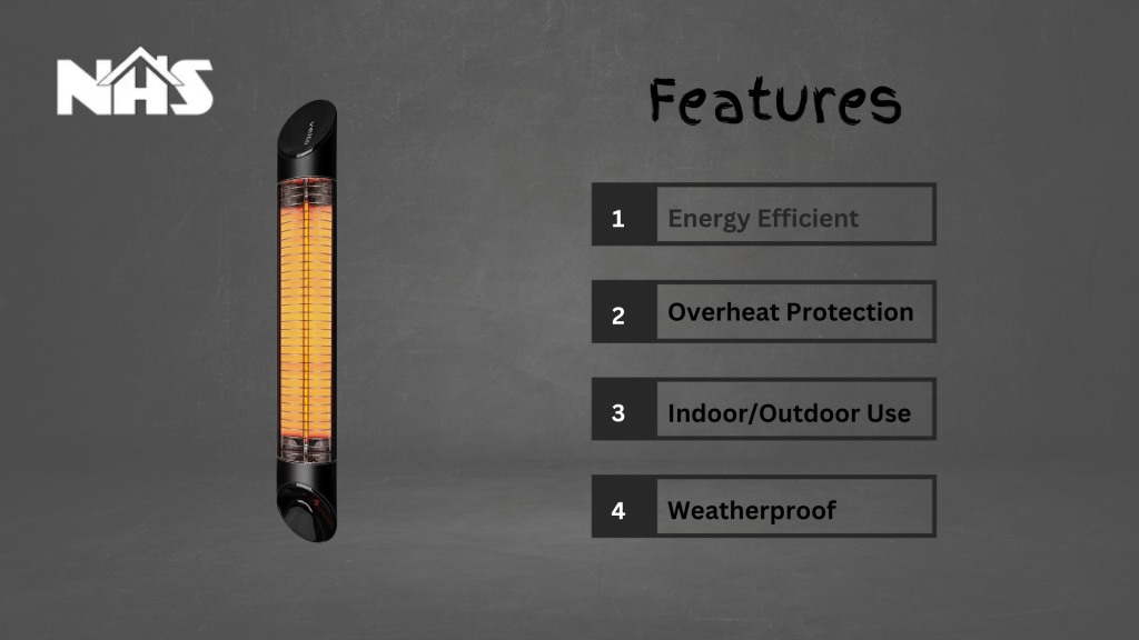 A graphic image of infrared heater with its features listed.